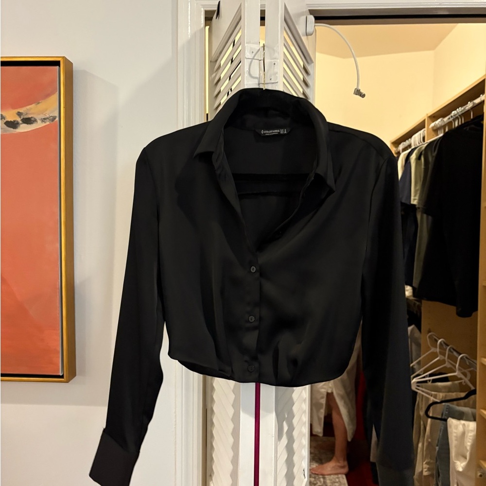 Zara Black Satin Button Down Shirt